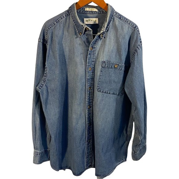 Orvis 100% Cotton Blue Jean Shirt Medium Blue Wash - Picture 1 of 14